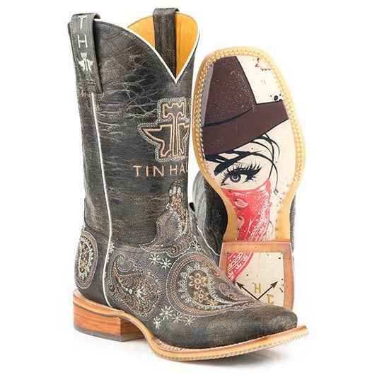 Women's Tin Haul Bandana Bandit Boots With Wild Rag Sole Handcrafted Black - yeehawcowboy