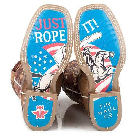 Kid's Tin Haul Twisted Rope Boots With Just Rope It Sole Handcrafted Brown - yeehawcowboy