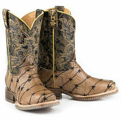 Kid's Tin Haul Keep Out Boots Bull Horn Sole Handcrafted Brown - yeehawcowboy