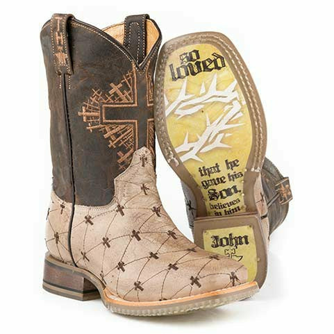 Kid's Tin Haul Lil Gospel Boots John 3:16 Sole Handcrafted Tan - yeehawcowboy