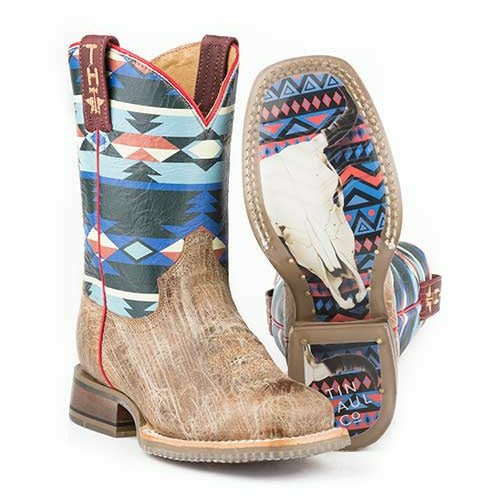 Kid's Tin Haul Awesome Aztec Boots Bull Skull Sole Handcrafted Brown - yeehawcowboy