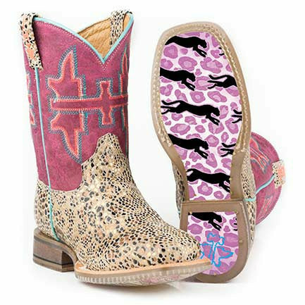 Kid's Tin Haul Shiny Cat Boots Cheetah Sole Handcrafted Tan - yeehawcowboy