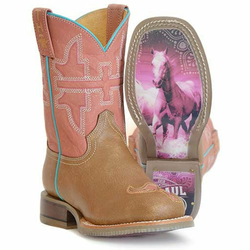 Kid's Tin Haul Split Horse Boots with Horses Sole Handcrafted Brown - yeehawcowboy