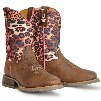 Kid's Tin Haul Cheetah Sparkles Boots Cool Cat Sole Handcrafted Brown - yeehawcowboy