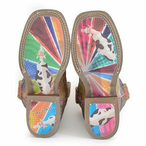 Kid's Tin Haul Spotty Boots Colorful Cattle Sole Handcrafted Brown - yeehawcowboy