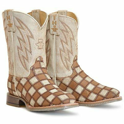 Kid's Tin Haul Check It Out Boots Roper Emoji Sole Handcrafted Tan - yeehawcowboy