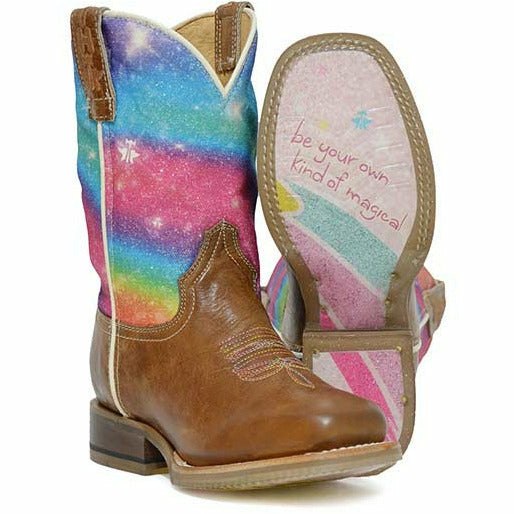 Kid's Tin Haul Rainbow Sparkles Boots Magical Star Sole Handcrafted Tan - yeehawcowboy