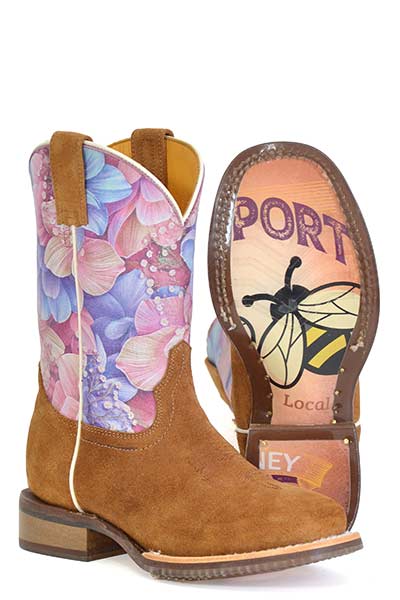 Kid's Tin Haul Flowerlicious Boots With Honey Bee Sole Handcrafted Brown