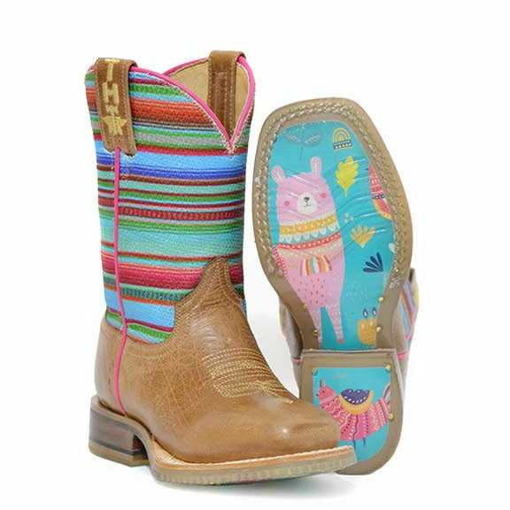 Kid's Tin Haul Serape Boots Llama Queen Sole Handcrafted Brown - yeehawcowboy