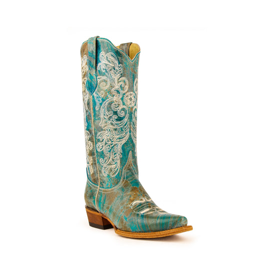 Women's Ferrini Southern Charm Leather Boots Handcrafted Turquoise - yeehawcowboy