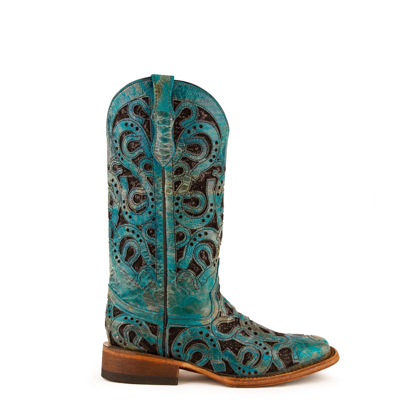 Women's Ferrini Horseshoe Leather Boots Handcrafted Turquoise - yeehawcowboy