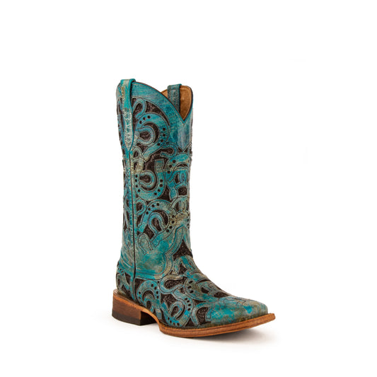 Women's Ferrini Horseshoe Leather Boots Handcrafted Turquoise - yeehawcowboy