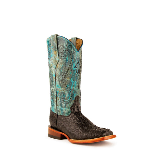 Women's Ferrini Stampede Caiman Print Boots Handcrafted Black - yeehawcowboy