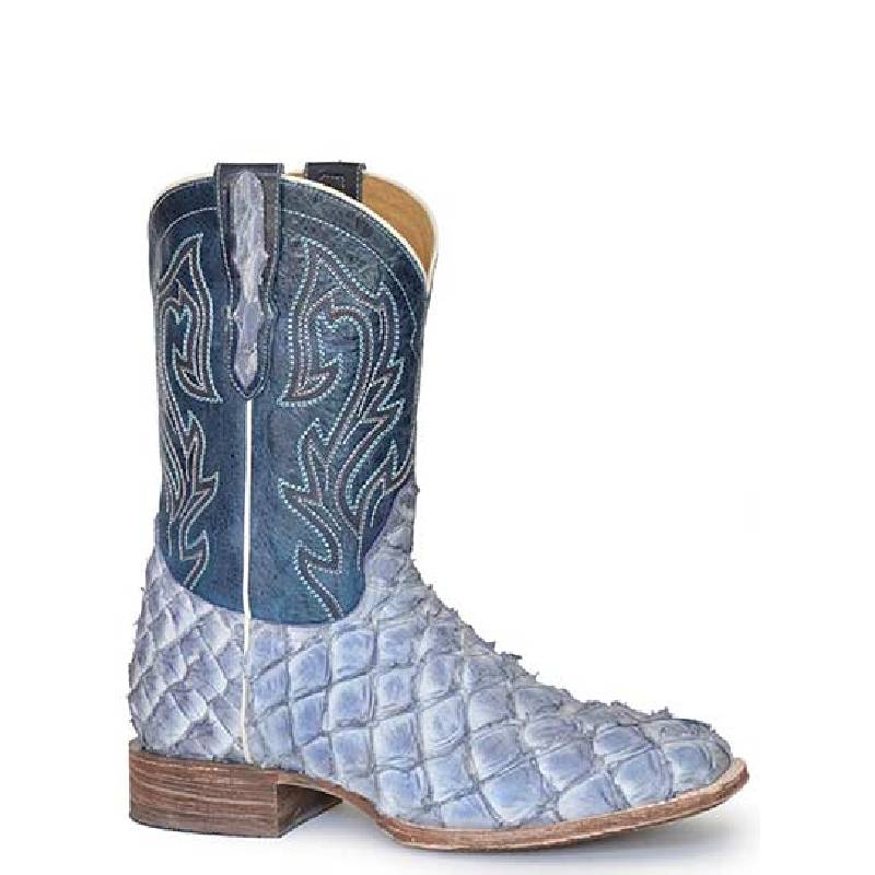 Men's Stetson Predator Pirarucu Boots Handcrafted Burnished Blue - yeehawcowboy