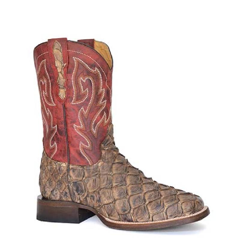 Men's Stetson Predator Pirarucu Boots Handcrafted Brown - yeehawcowboy