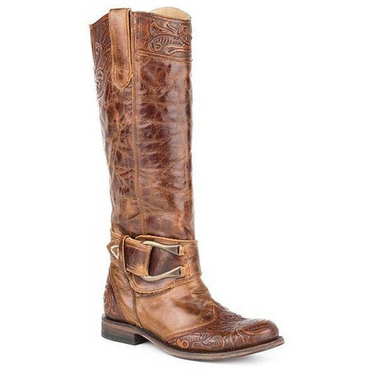 Women's Stetson Paisley Knee High Boots Round Toe Handcrafted Cognac - yeehawcowboy